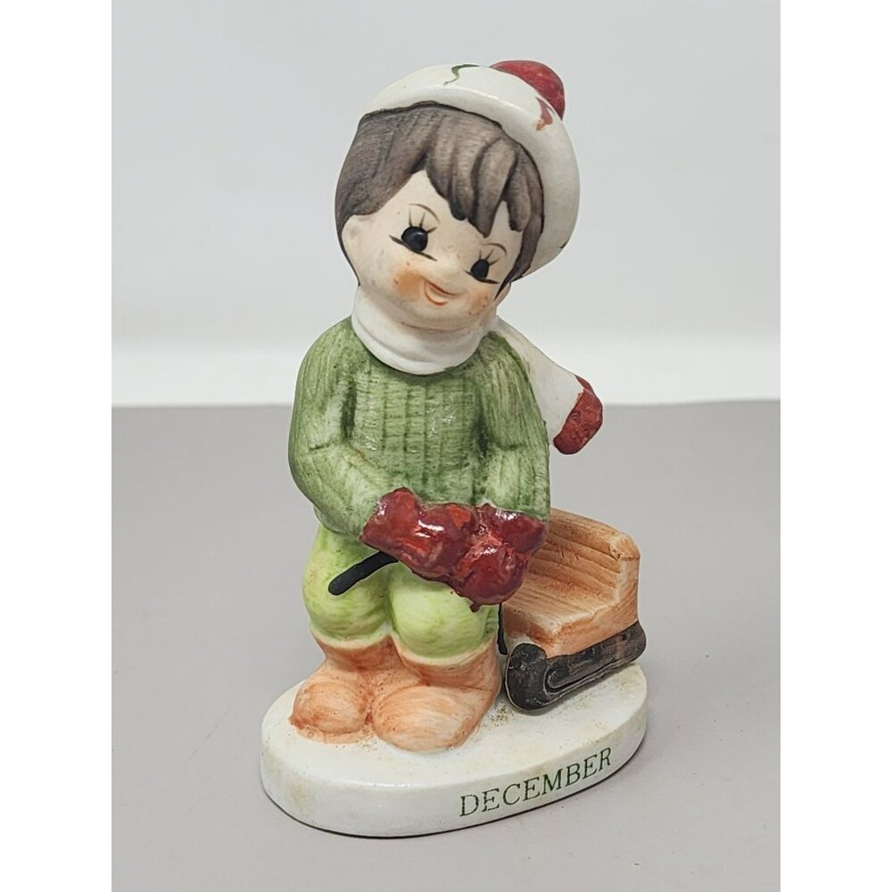 Vintage Lefton‎ December Boy Christmas Figurine Pulling Sled
